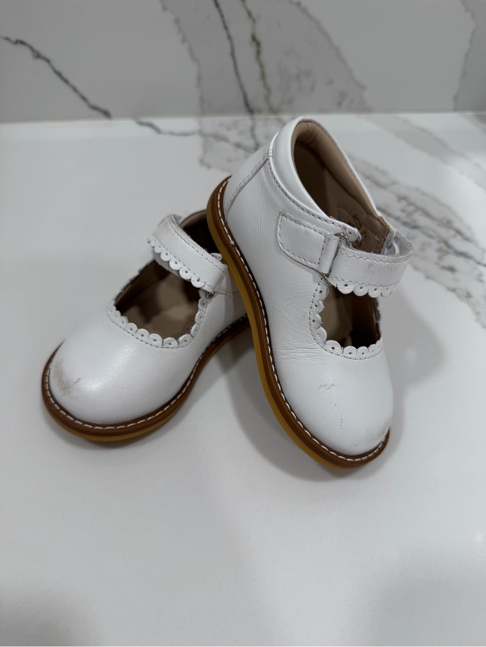 Elephantito White Mary Jane Dress Shoes with Scalloped Edge
